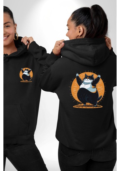 Komik Şişman Yoga Kedi Siyah Kapüşonlu Sweatshirt Kadın Erkek Ön Minimal Sırt Baskılı