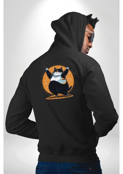 Komik Şişman Yoga Kedi Siyah Kapüşonlu Sweatshirt Kadın Erkek Ön Minimal Sırt Baskılı modelleri