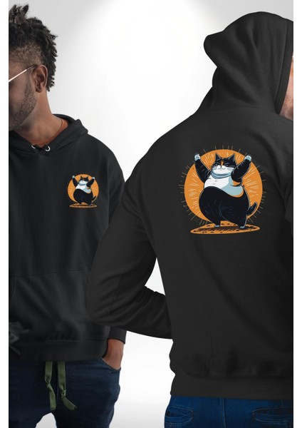 Komik Şişman Yoga Kedi Siyah Kapüşonlu Sweatshirt Kadın Erkek Ön Minimal Sırt Baskılı fırsatları