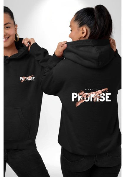 Söz Ver Baskılı Güçlü Mesaj ve Yaratıcı Tasarım Siyah Kapüşonlu Sweatshirt Kadın Erkek Ön Minimal Sırt Baskılı fiyatları