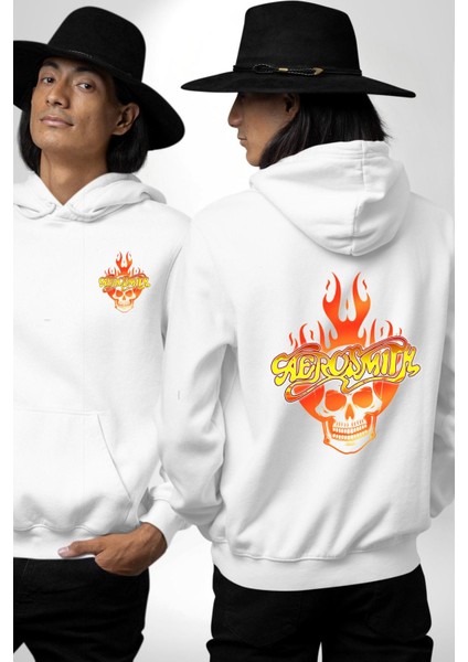 Aerosmith Fire Skull Beyaz Kapüşonlu Sweatshirt Kadın Erkek Ön Minimal Sırt Baskılı fırsatları