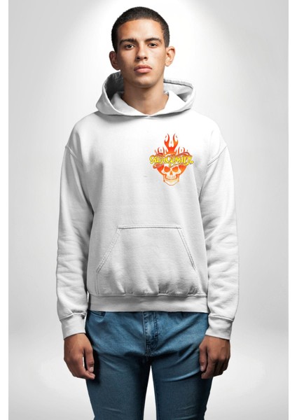 Aerosmith Fire Skull Beyaz Kapüşonlu Sweatshirt Kadın Erkek Ön Minimal Sırt Baskılı indirimleri