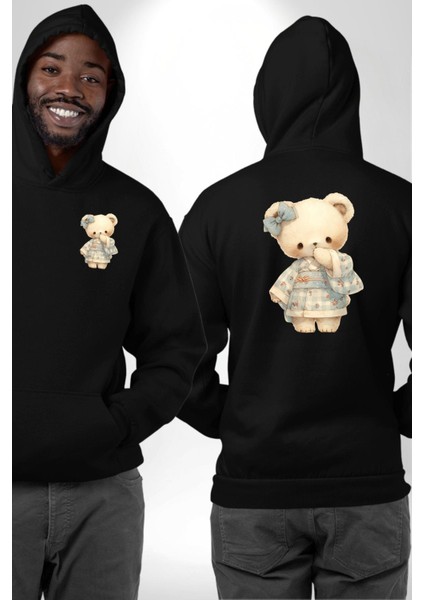 Mavi Kare Desenli Ayıcık Kawaii Stil Siyah Kapüşonlu Sweatshirt Kadın Erkek Ön Minimal Sırt Baskılı