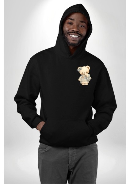 Mavi Kare Desenli Ayıcık Kawaii Stil Siyah Kapüşonlu Sweatshirt Kadın Erkek Ön Minimal Sırt Baskılı fiyatları