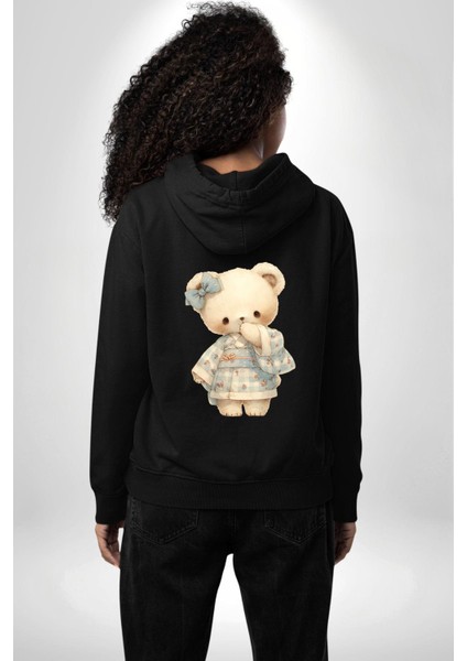 Mavi Kare Desenli Ayıcık Kawaii Stil Siyah Kapüşonlu Sweatshirt Kadın Erkek Ön Minimal Sırt Baskılı modelleri