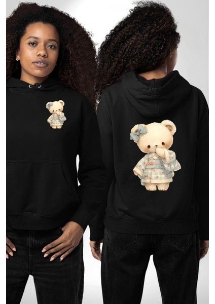 Mavi Kare Desenli Ayıcık Kawaii Stil Siyah Kapüşonlu Sweatshirt Kadın Erkek Ön Minimal Sırt Baskılı fırsatları