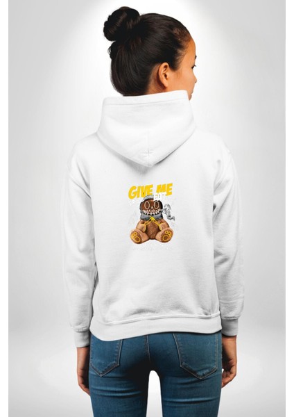 Astronot Ayı Grafik Tasarımı Beyaz Kapüşonlu Sweatshirt Kadın Erkek Ön Minimal Sırt Baskılı modelleri