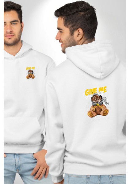 Astronot Ayı Grafik Tasarımı Beyaz Kapüşonlu Sweatshirt Kadın Erkek Ön Minimal Sırt Baskılı fırsatları