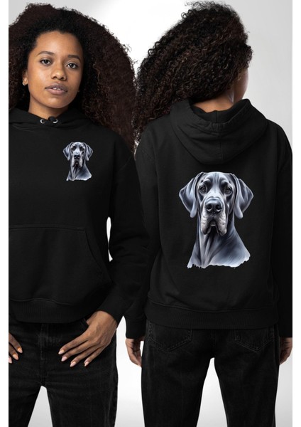 Güçlü Büyük Danua Köpek Dostu Siyah Kapüşonlu Sweatshirt Kadın Erkek Ön Minimal Sırt Baskılı