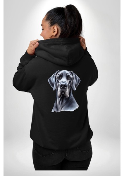 Güçlü Büyük Danua Köpek Dostu Siyah Kapüşonlu Sweatshirt Kadın Erkek Ön Minimal Sırt Baskılı modelleri