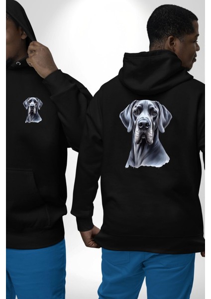 Güçlü Büyük Danua Köpek Dostu Siyah Kapüşonlu Sweatshirt Kadın Erkek Ön Minimal Sırt Baskılı fırsatları