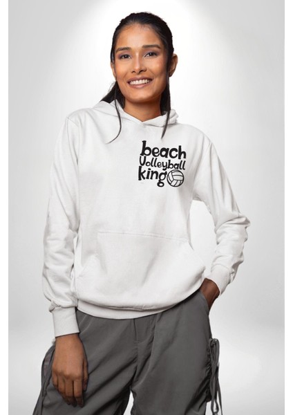 Plaj Voleybol Kıralı Yazılı Beyaz Kapüşonlu Sweatshirt Kadın Erkek Ön Minimal Sırt Baskılı fiyatları