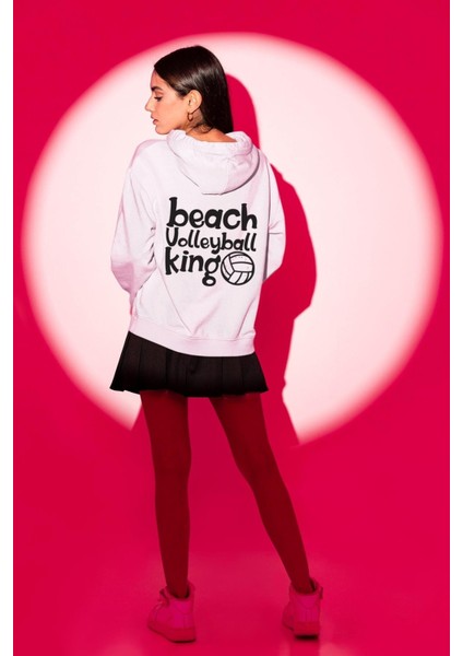 Plaj Voleybol Kıralı Yazılı Beyaz Kapüşonlu Sweatshirt Kadın Erkek Ön Minimal Sırt Baskılı modelleri