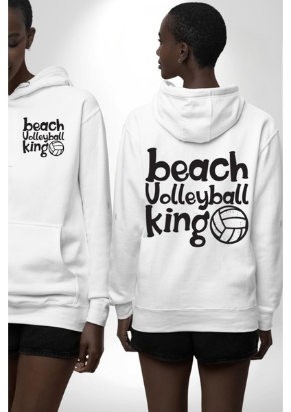 Plaj Voleybol Kıralı Yazılı Beyaz Kapüşonlu Sweatshirt Kadın Erkek Ön Minimal Sırt Baskılı fırsatları
