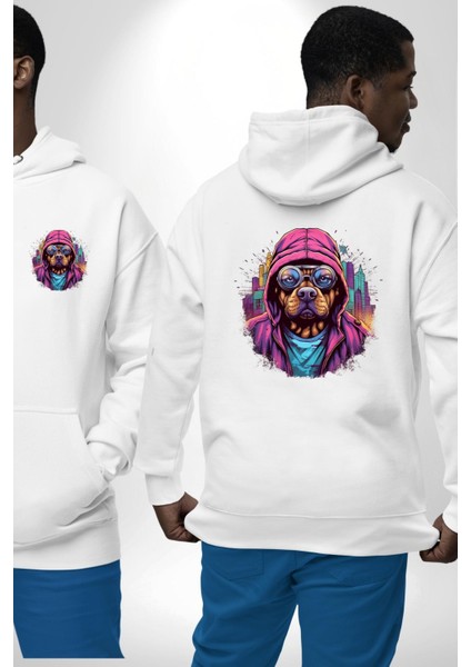 Graffiti Sokak Sanatı Köpek Deseni Beyaz Kapüşonlu Sweatshirt Kadın Erkek Ön Minimal Sırt Baskılı