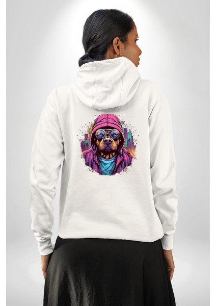 Graffiti Sokak Sanatı Köpek Deseni Beyaz Kapüşonlu Sweatshirt Kadın Erkek Ön Minimal Sırt Baskılı modelleri