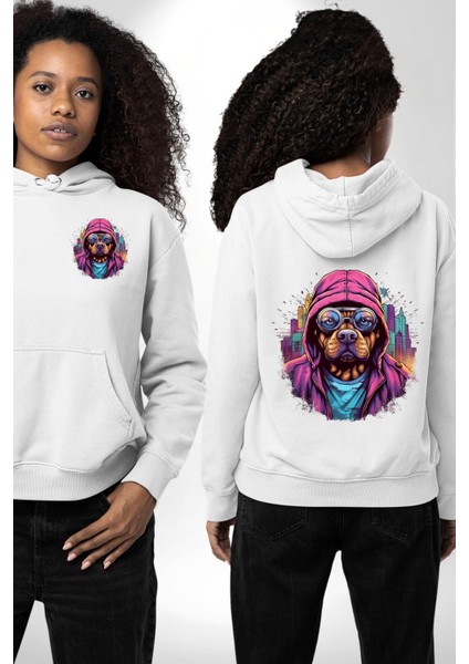 Graffiti Sokak Sanatı Köpek Deseni Beyaz Kapüşonlu Sweatshirt Kadın Erkek Ön Minimal Sırt Baskılı fırsatları