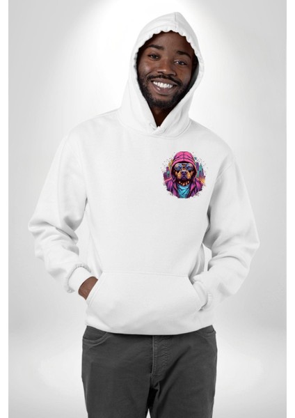 Graffiti Sokak Sanatı Köpek Deseni Beyaz Kapüşonlu Sweatshirt Kadın Erkek Ön Minimal Sırt Baskılı indirimleri