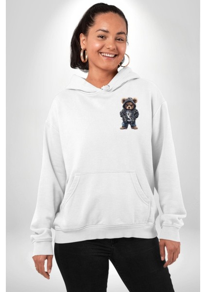 Siyah Deri Ceketli Gotik Asi Ayıcık Beyaz Kapüşonlu Sweatshirt Kadın Erkek Ön Minimal Sırt Baskılı fiyatları