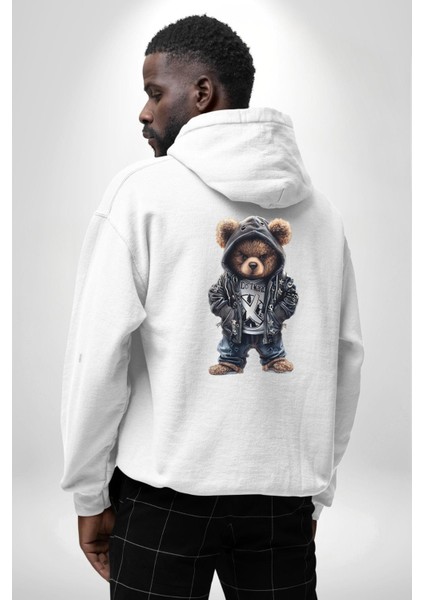 Siyah Deri Ceketli Gotik Asi Ayıcık Beyaz Kapüşonlu Sweatshirt Kadın Erkek Ön Minimal Sırt Baskılı modelleri