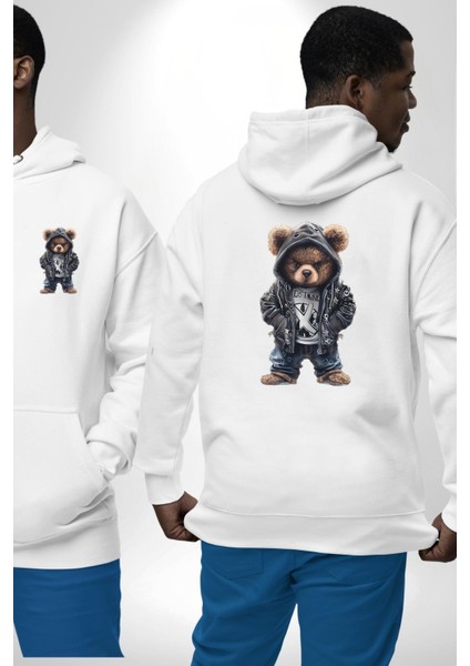 Siyah Deri Ceketli Gotik Asi Ayıcık Beyaz Kapüşonlu Sweatshirt Kadın Erkek Ön Minimal Sırt Baskılı fırsatları