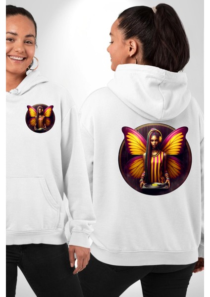 Sarı Kırmızı Kanatlı Kelebek Dj Taraftar Beyaz Kapüşonlu Sweatshirt Kadın Erkek Ön Minimal Sırt Baskılı
