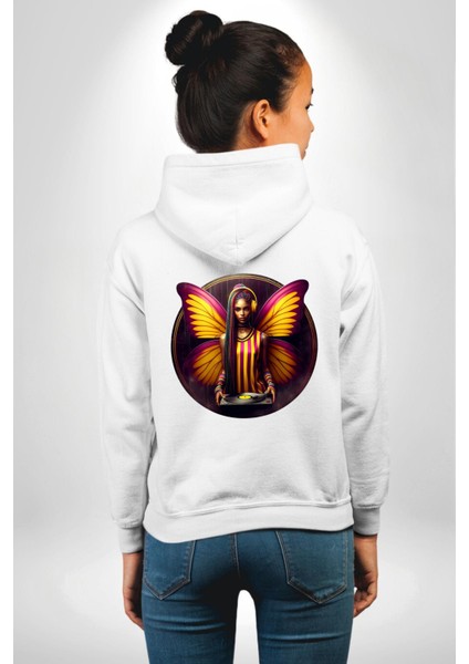 Sarı Kırmızı Kanatlı Kelebek Dj Taraftar Beyaz Kapüşonlu Sweatshirt Kadın Erkek Ön Minimal Sırt Baskılı modelleri