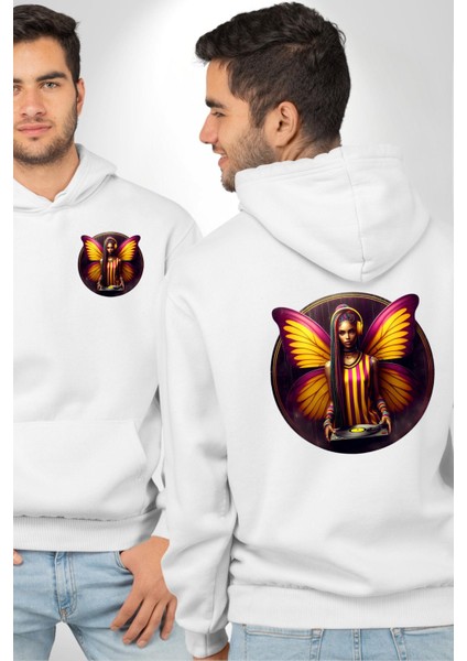 Sarı Kırmızı Kanatlı Kelebek Dj Taraftar Beyaz Kapüşonlu Sweatshirt Kadın Erkek Ön Minimal Sırt Baskılı fırsatları