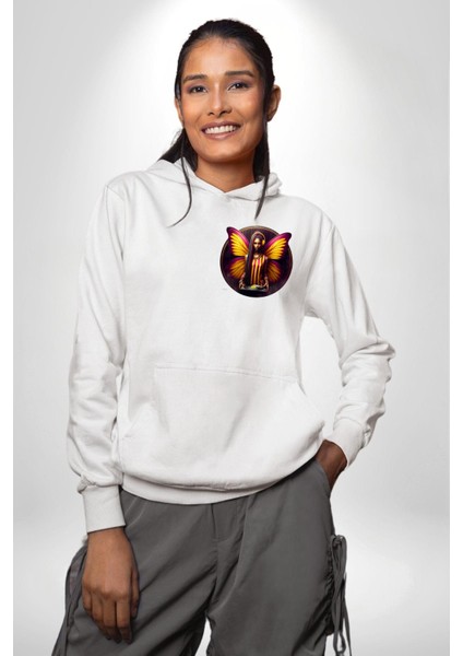 Sarı Kırmızı Kanatlı Kelebek Dj Taraftar Beyaz Kapüşonlu Sweatshirt Kadın Erkek Ön Minimal Sırt Baskılı indirimleri