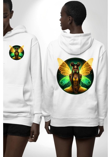 Yazlık Neon Sarı-Yeşil Kadın Melek Beyaz Kapüşonlu Sweatshirt Kadın Erkek Ön Minimal Sırt Baskılı