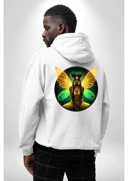 Yazlık Neon Sarı-Yeşil Kadın Melek Beyaz Kapüşonlu Sweatshirt Kadın Erkek Ön Minimal Sırt Baskılı modelleri