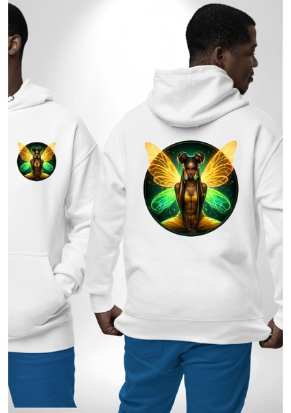 Yazlık Neon Sarı-Yeşil Kadın Melek Beyaz Kapüşonlu Sweatshirt Kadın Erkek Ön Minimal Sırt Baskılı fırsatları