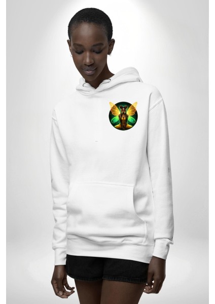 Yazlık Neon Sarı-Yeşil Kadın Melek Beyaz Kapüşonlu Sweatshirt Kadın Erkek Ön Minimal Sırt Baskılı indirimleri