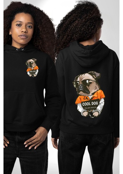 Tutuklu Ama Havalı Köpek Hapishane Stilinde Siyah Kapüşonlu Sweatshirt Kadın Erkek Ön Minimal Sırt Baskılı