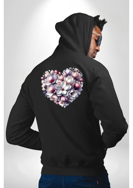 Manolya Aşkı Manolya Çiçeği Siyah Kapüşonlu Sweatshirt Kadın Erkek Ön Minimal Sırt Baskılı modelleri