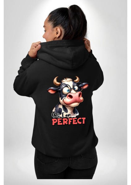 Eğlenceli Inek Desenli Siyah Kapüşonlu Sweatshirt Kadın Erkek Ön Minimal Sırt Baskılı modelleri