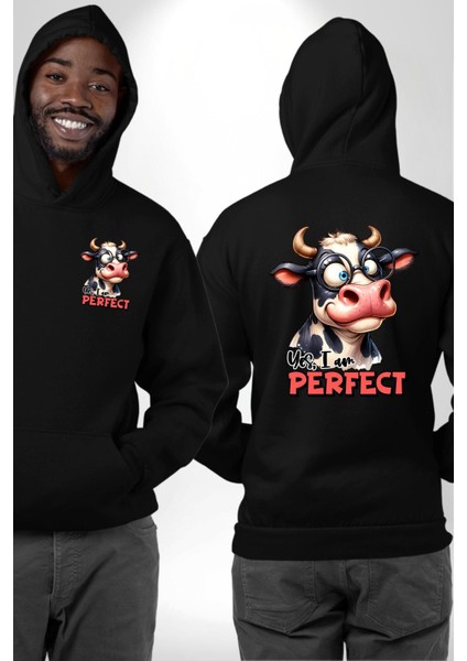 Eğlenceli Inek Desenli Siyah Kapüşonlu Sweatshirt Kadın Erkek Ön Minimal Sırt Baskılı fırsatları