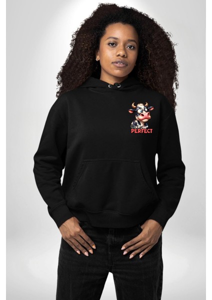 Eğlenceli Inek Desenli Siyah Kapüşonlu Sweatshirt Kadın Erkek Ön Minimal Sırt Baskılı indirimleri