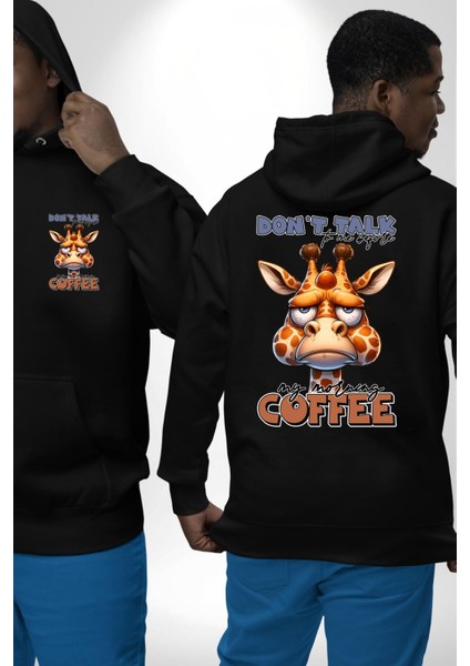 Zürafa Kahve Aşkı Kahveden Önce Konuşmayın Siyah Kapüşonlu Sweatshirt Kadın Erkek Ön Minimal Sırt Baskılı fırsatları