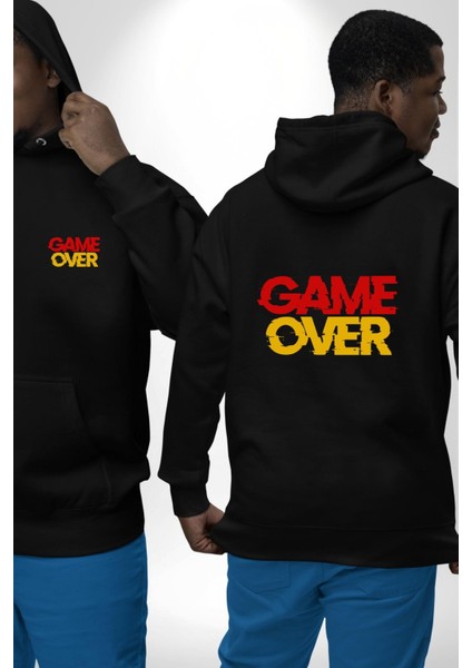 Game Over Baskılı Oyun Tutkunları Için Grafik Siyah Kapüşonlu Sweatshirt Kadın Erkek Ön Minimal Sırt Baskılı