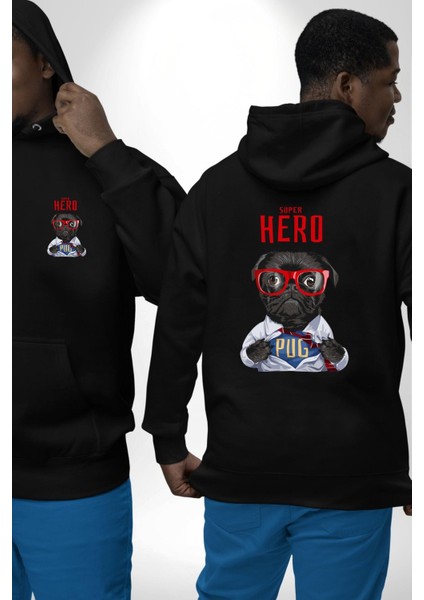 Süper Pug Kahraman Köpek Siyah Kapüşonlu Sweatshirt Kadın Erkek Ön Minimal Sırt Baskılı fiyatları