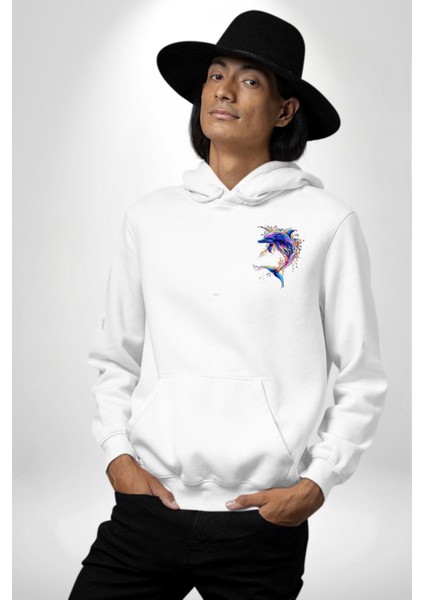 Renkli Sanatsal Yunus Neon Splash Beyaz Kapüşonlu Sweatshirt Kadın Erkek Ön Minimal Sırt Baskılı fiyatları