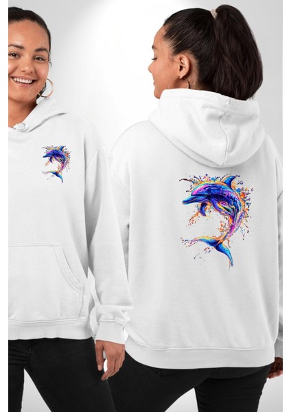 Renkli Sanatsal Yunus Neon Splash Beyaz Kapüşonlu Sweatshirt Kadın Erkek Ön Minimal Sırt Baskılı fırsatları