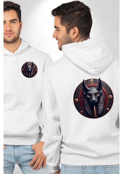 Set Fırtına ve Çöl Tanrısı Mısır Beyaz Kapüşonlu Sweatshirt Kadın Erkek Ön Minimal Sırt Baskılı