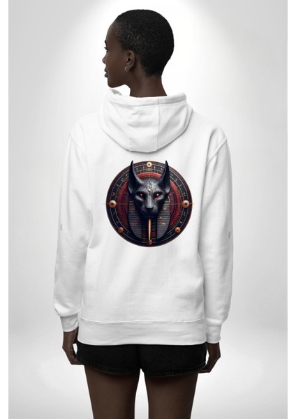 Set Fırtına ve Çöl Tanrısı Mısır Beyaz Kapüşonlu Sweatshirt Kadın Erkek Ön Minimal Sırt Baskılı modelleri