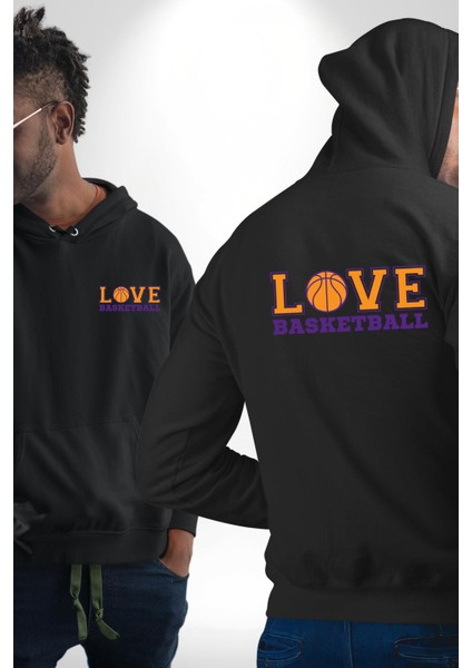 Basketbol Topu Ile Aşk Love Yazılı Siyah Kapüşonlu Sweatshirt Kadın Erkek Ön Minimal Sırt Baskılı