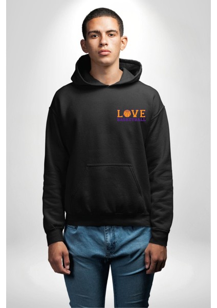 Basketbol Topu Ile Aşk Love Yazılı Siyah Kapüşonlu Sweatshirt Kadın Erkek Ön Minimal Sırt Baskılı fiyatları