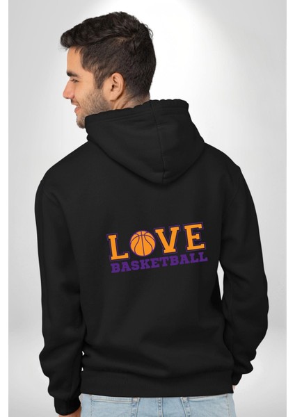Basketbol Topu Ile Aşk Love Yazılı Siyah Kapüşonlu Sweatshirt Kadın Erkek Ön Minimal Sırt Baskılı modelleri