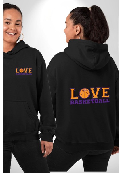 Basketbol Topu Ile Aşk Love Yazılı Siyah Kapüşonlu Sweatshirt Kadın Erkek Ön Minimal Sırt Baskılı fırsatları