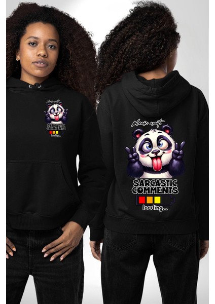 Eğlenceli Panda Mizahi Yükleniyor Yükleme Durumu Siyah Kapüşonlu Sweatshirt Kadın Erkek Ön Minimal Sırt Baskılı